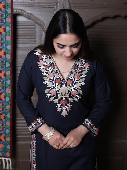 Black Tulip Design Aari Embroidered Kashmiri Cotton Co-Ord Set