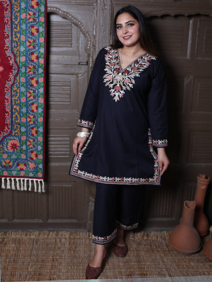 Black Tulip Design Aari Embroidered Kashmiri Cotton Co-Ord Set