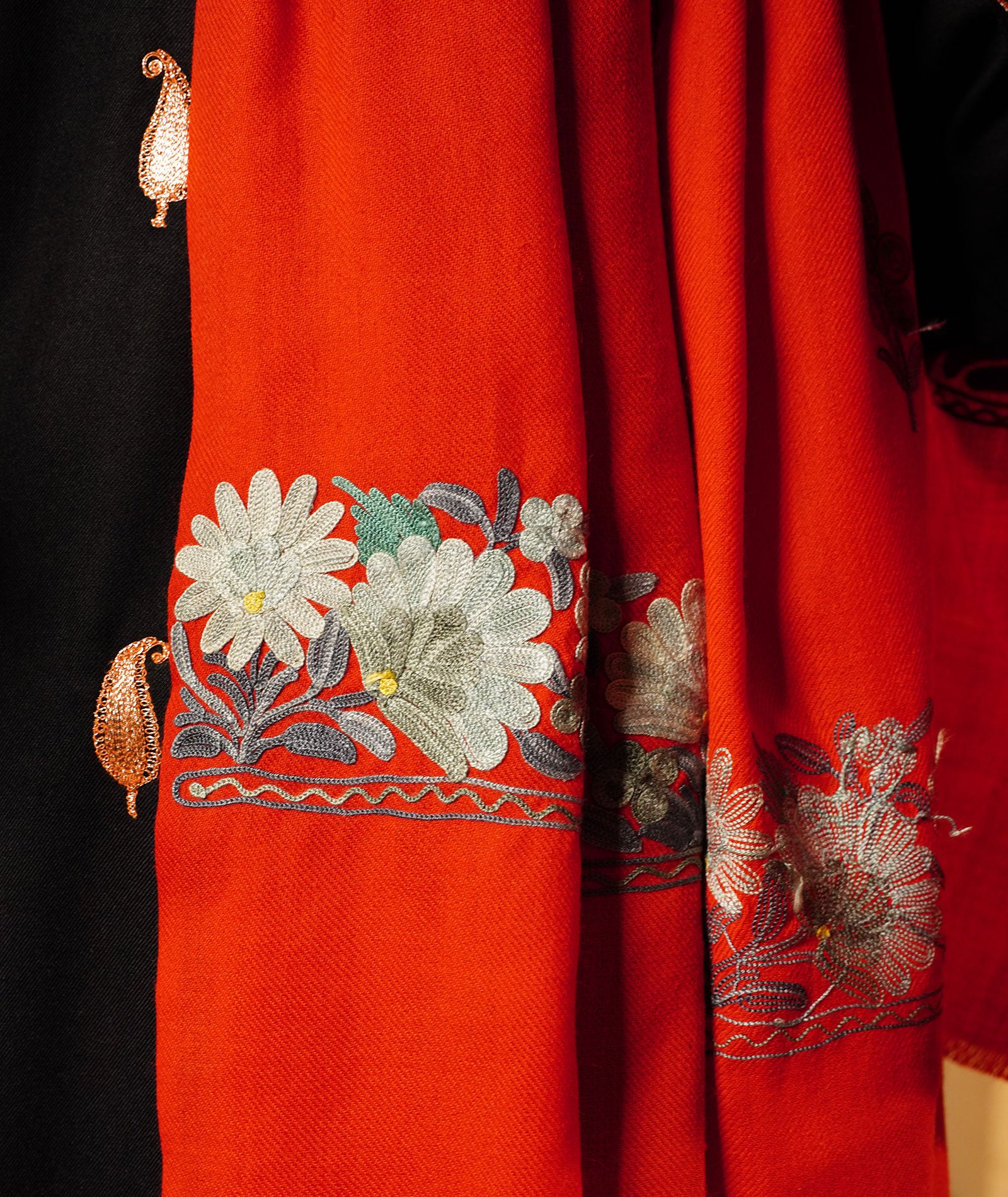 Scarlet Red Aari Embroidered Woolen Kashmiri Shawl