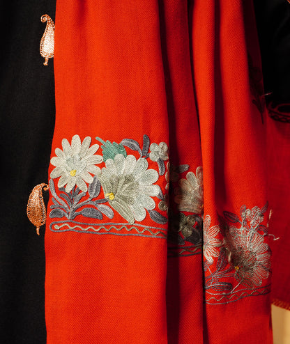 Scarlet Red Aari Embroidered Woolen Kashmiri Shawl