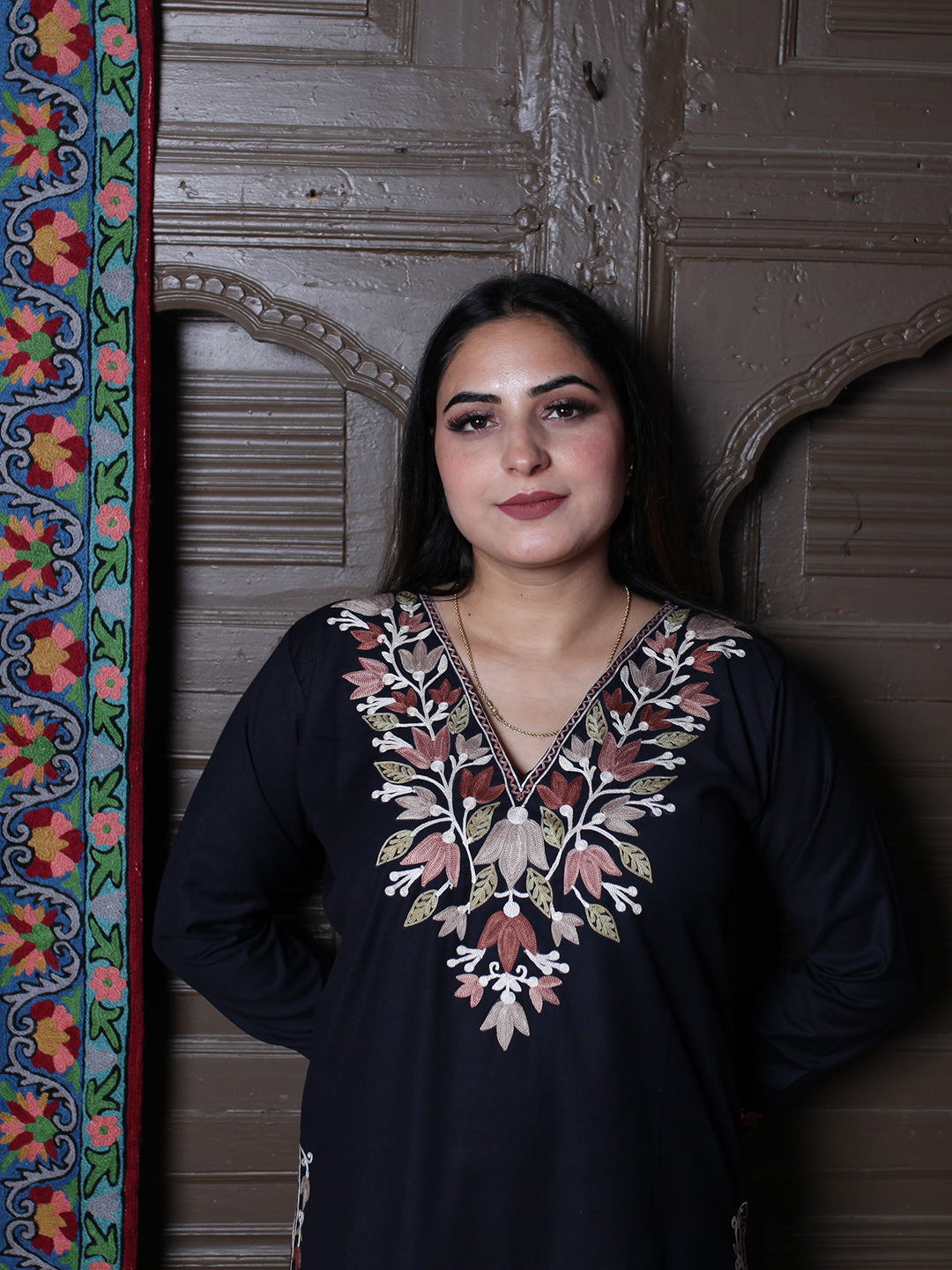 Black Tulip Design Aari Embroidered Kashmiri Cotton Co-Ord Set
