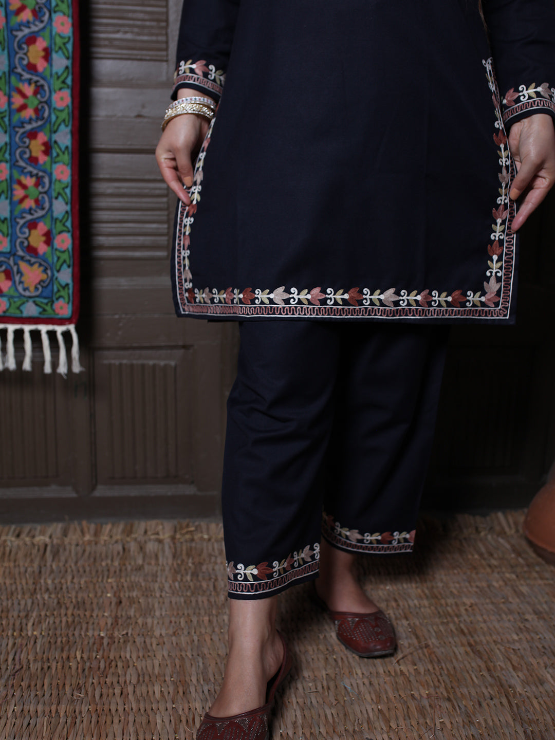 Black Tulip Design Aari Embroidered Kashmiri Cotton Co-Ord Set