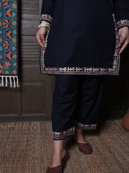 Black Tulip Design Aari Embroidered Kashmiri Cotton Co-Ord Set