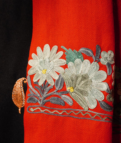 Scarlet Red Aari Embroidered Woolen Kashmiri Shawl