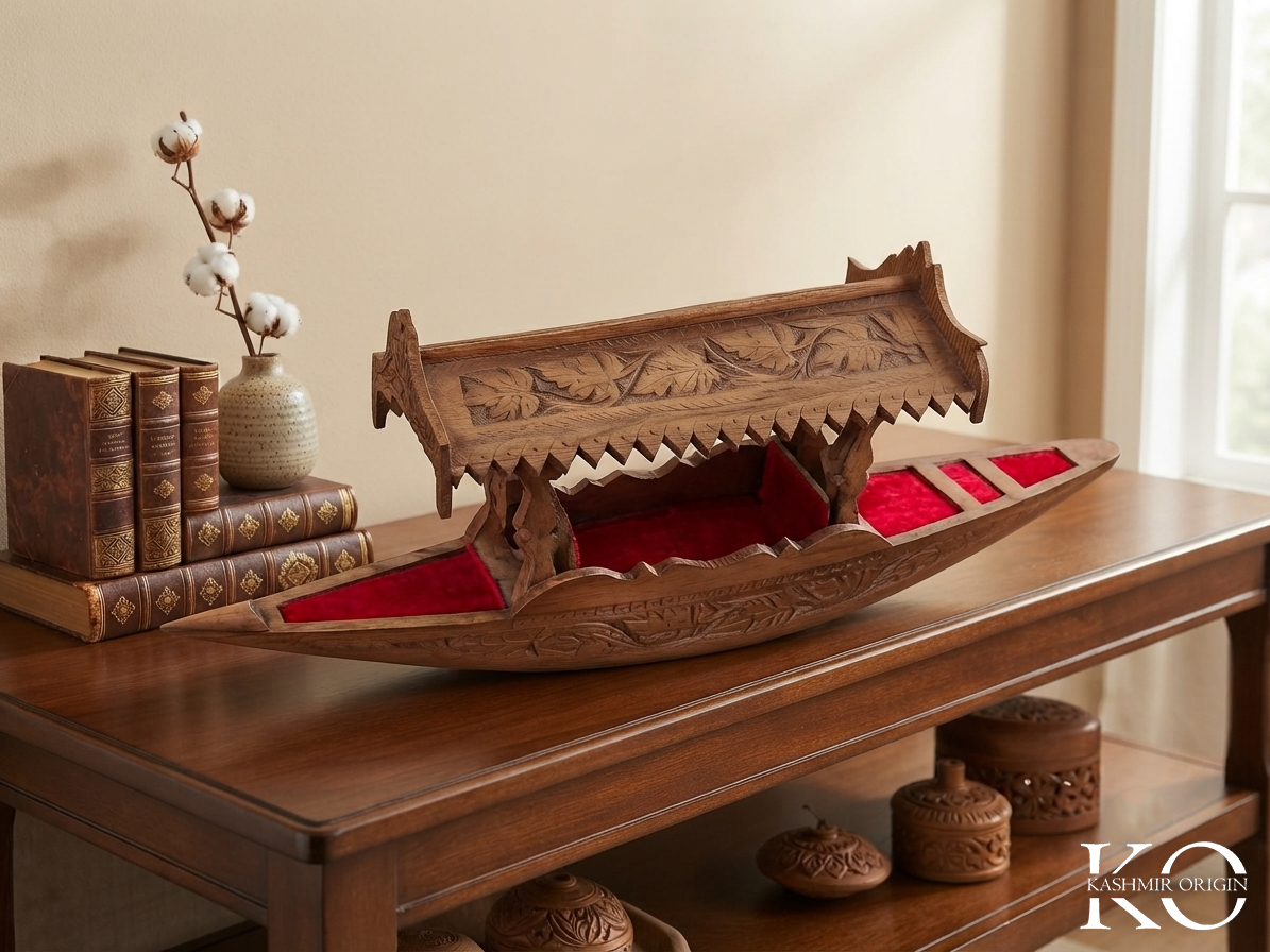 Kashmiri Hand Carved Walnut Wood Shikara | 24 Inch Long
