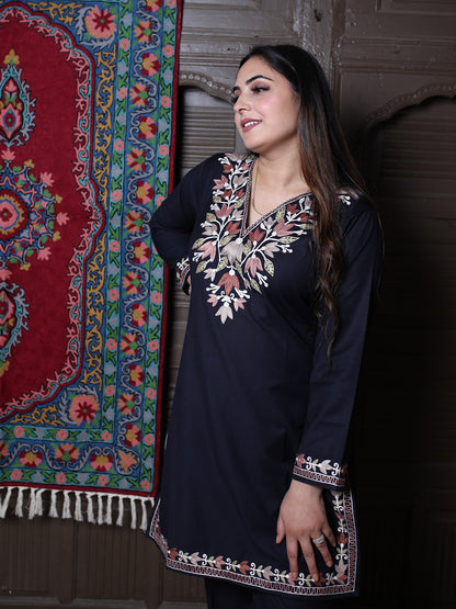 Black Tulip Design Aari Embroidered Kashmiri Cotton Co-Ord Set