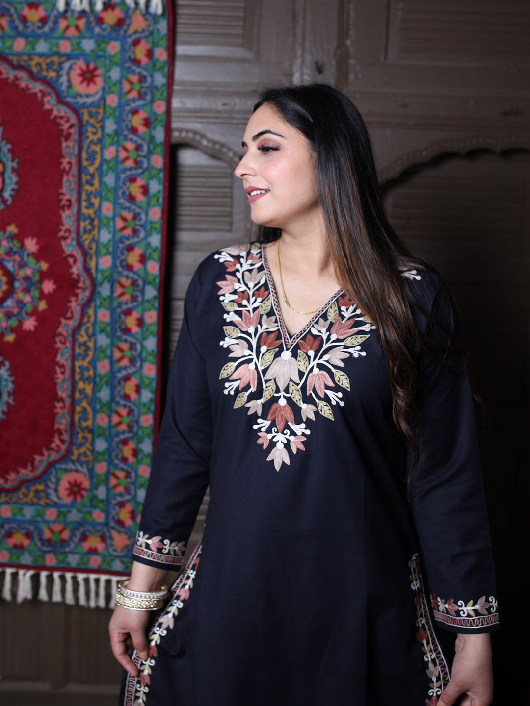Black Tulip Design Aari Embroidered Kashmiri Cotton Co-Ord Set