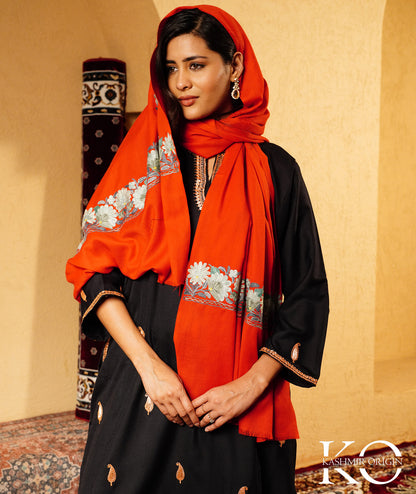 Scarlet Red Aari Embroidered Woolen Kashmiri Shawl
