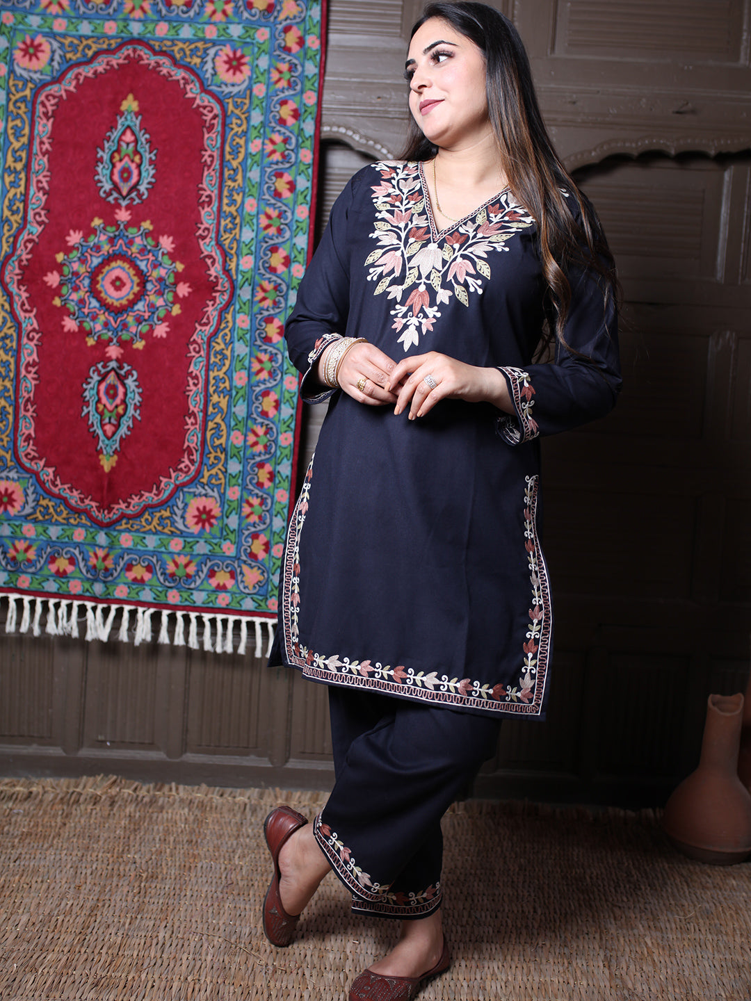 Black Tulip Design Aari Embroidered Kashmiri Cotton Co-Ord Set