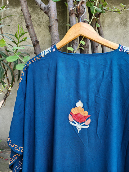 Teal Blue Aari Silk Crepe Kaftan with Polka Motifs