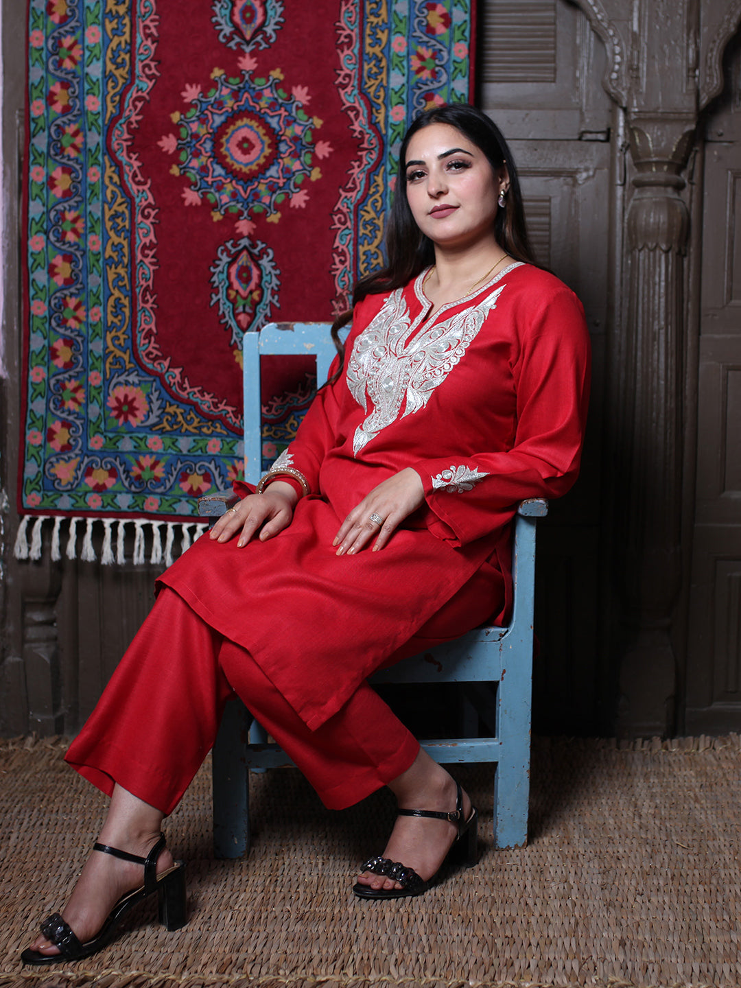 Red & Silver Tilla Embroidered Tradational Design Kashmiri Cotton Co-ord set