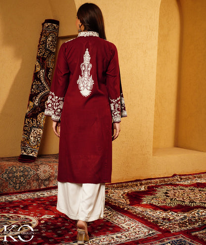 Maroon Aari Embroidered Mandarin collared neck Design Woolen Kashmiri Pheran