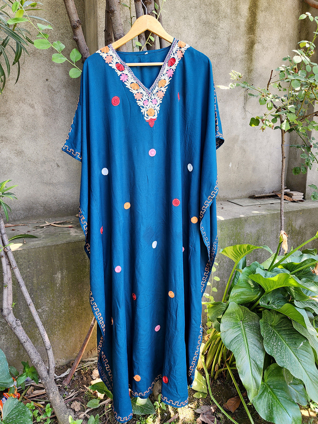 Teal Blue Aari Silk Crepe Kaftan with Polka Motifs