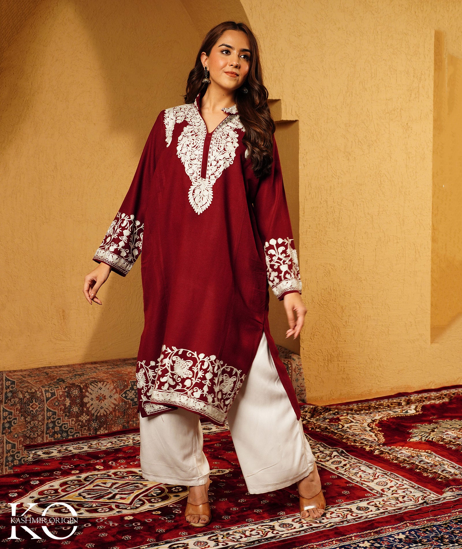 Maroon Aari Embroidered Mandarin collared neck Design Woolen Kashmiri Pheran
