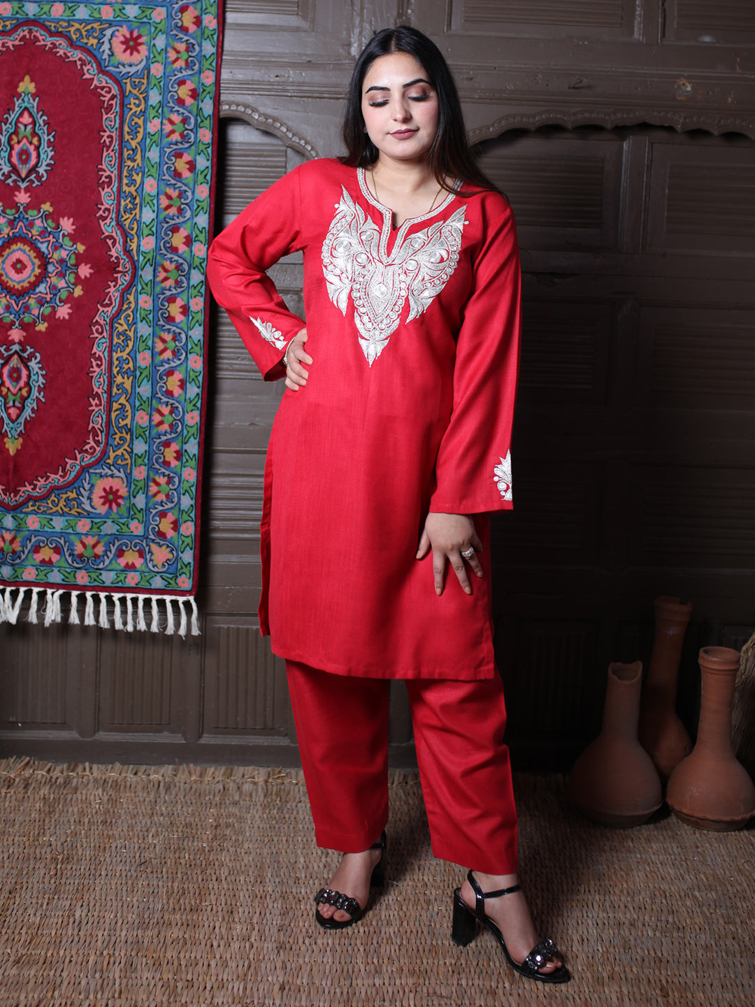 Red & Silver Tilla Embroidered Tradational Design Kashmiri Cotton Co-ord set