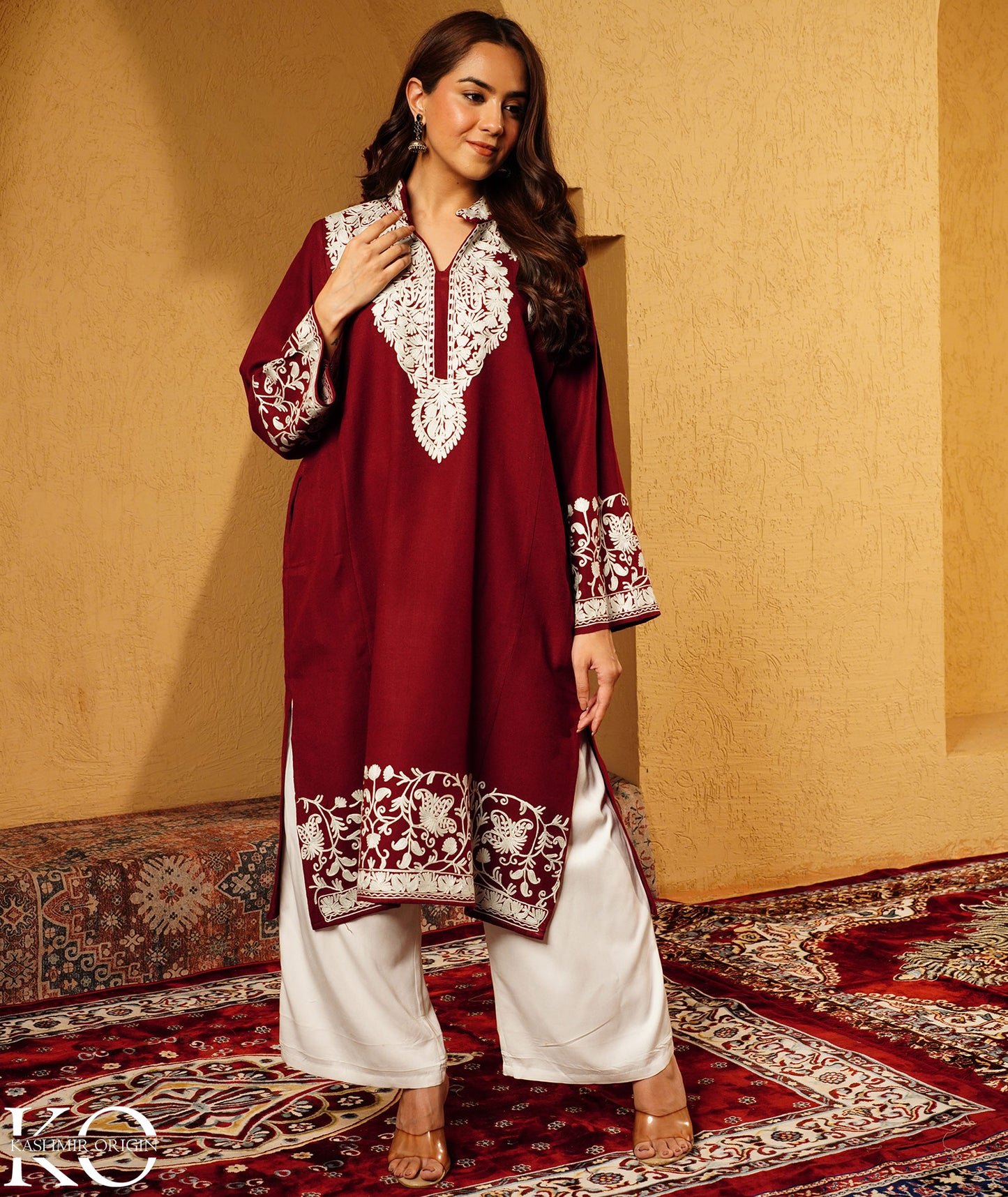 Maroon Aari Embroidered Mandarin collared neck Design Woolen Kashmiri Pheran