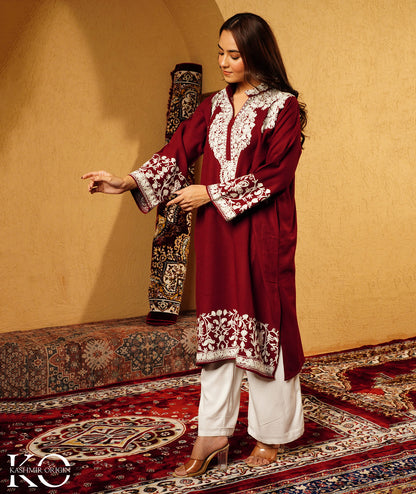 Maroon Aari Embroidered Mandarin collared neck Design Woolen Kashmiri Pheran