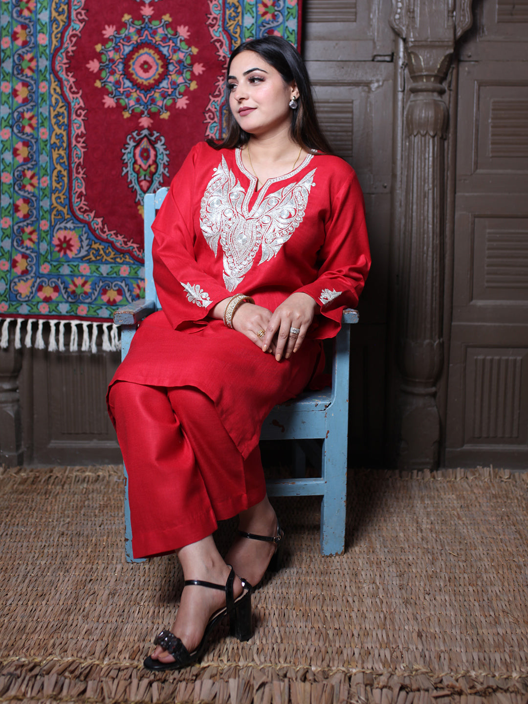 Red & Silver Tilla Embroidered Tradational Design Kashmiri Cotton Co-ord set