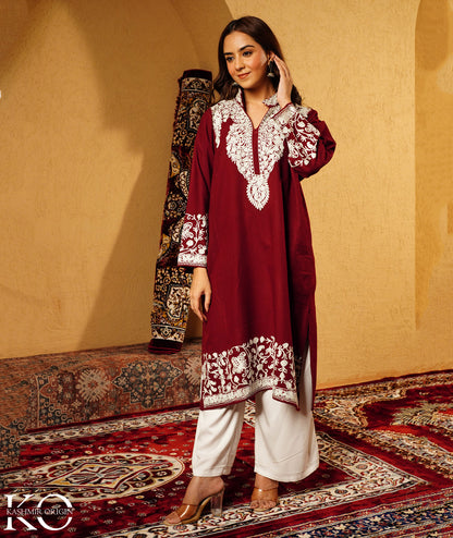 Maroon Aari Embroidered Mandarin collared neck Design Woolen Kashmiri Pheran