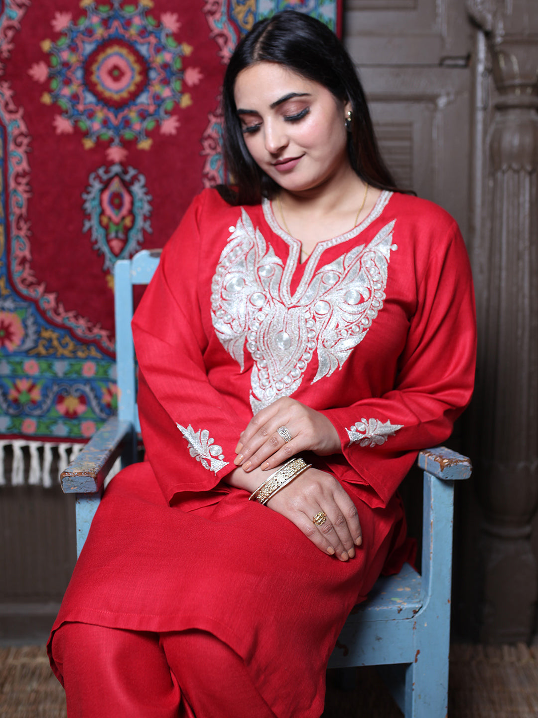 Red & Silver Tilla Embroidered Tradational Design Kashmiri Cotton Co-ord set