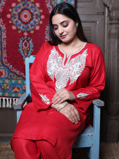 Red & Silver Tilla Embroidered Tradational Design Kashmiri Cotton Co-ord set