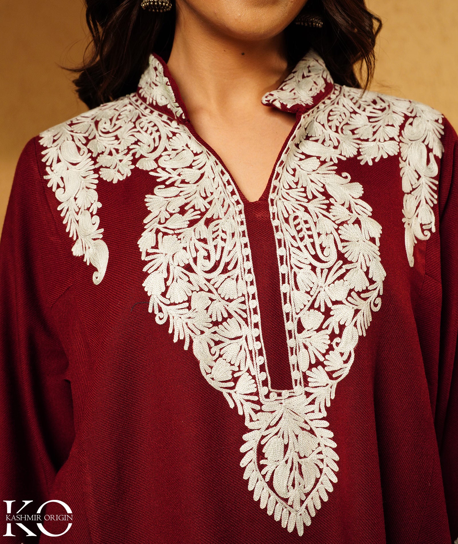Maroon Aari Embroidered Mandarin collared neck Design Woolen Kashmiri Pheran