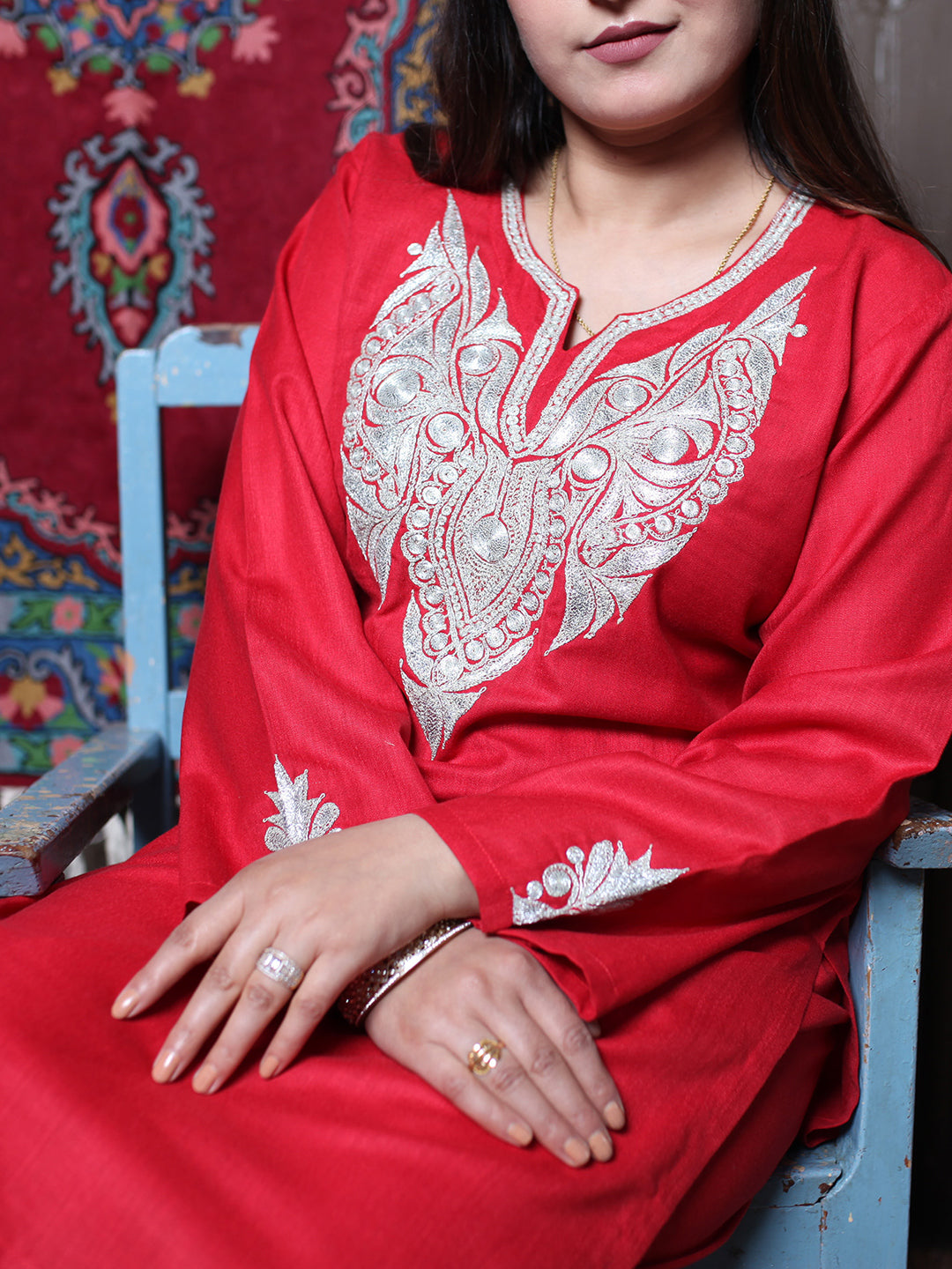 Red & Silver Tilla Embroidered Tradational Design Kashmiri Cotton Co-ord set