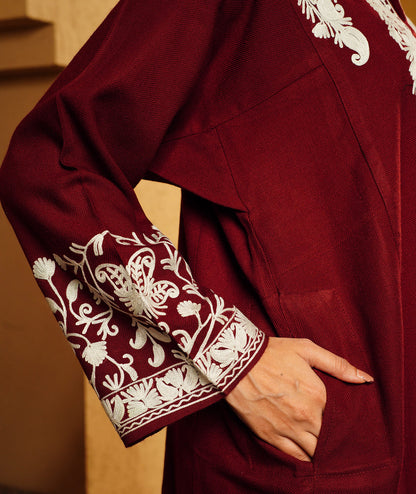 Maroon Aari Embroidered Mandarin collared neck Design Woolen Kashmiri Pheran