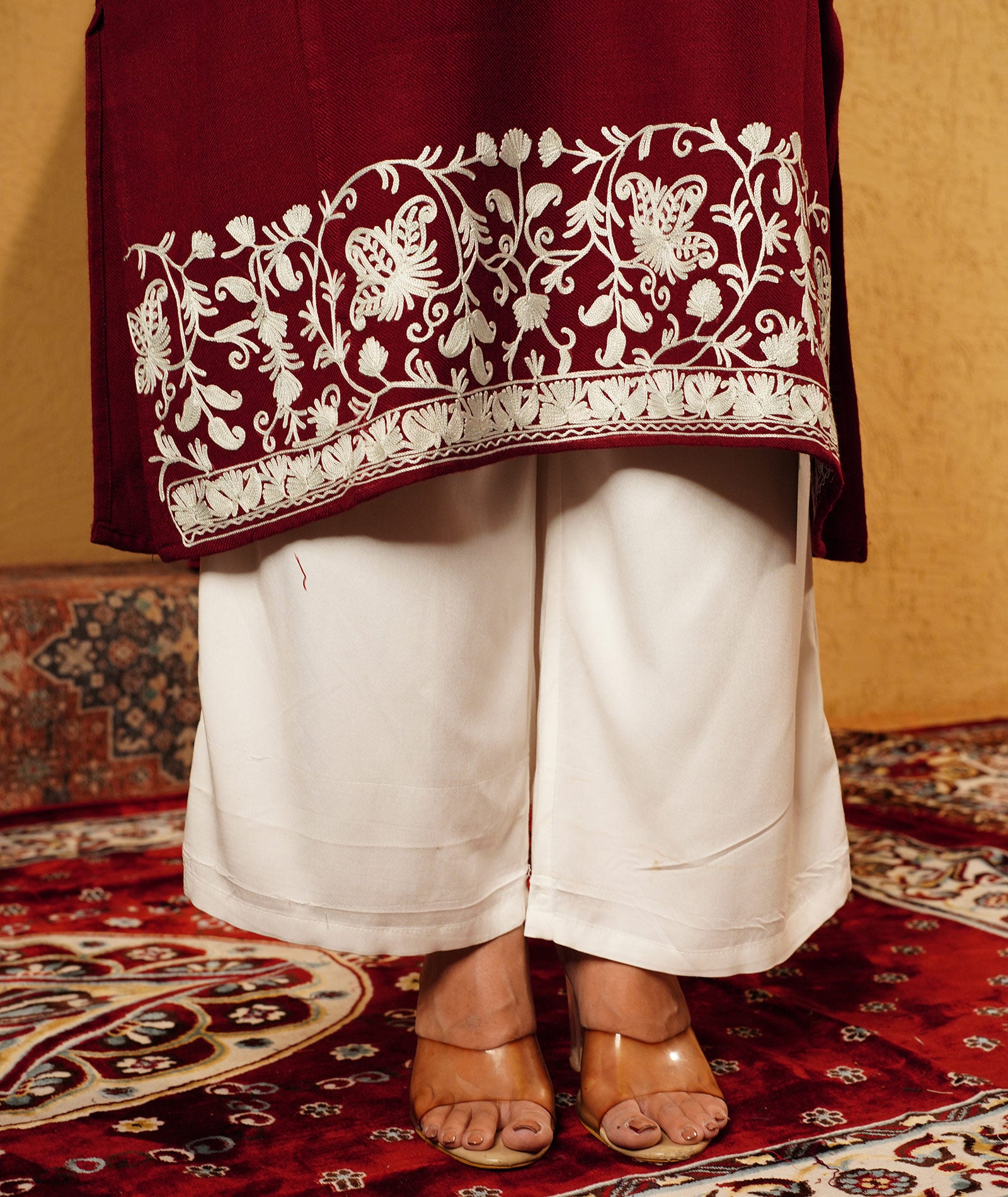 Maroon Aari Embroidered Mandarin collared neck Design Woolen Kashmiri Pheran