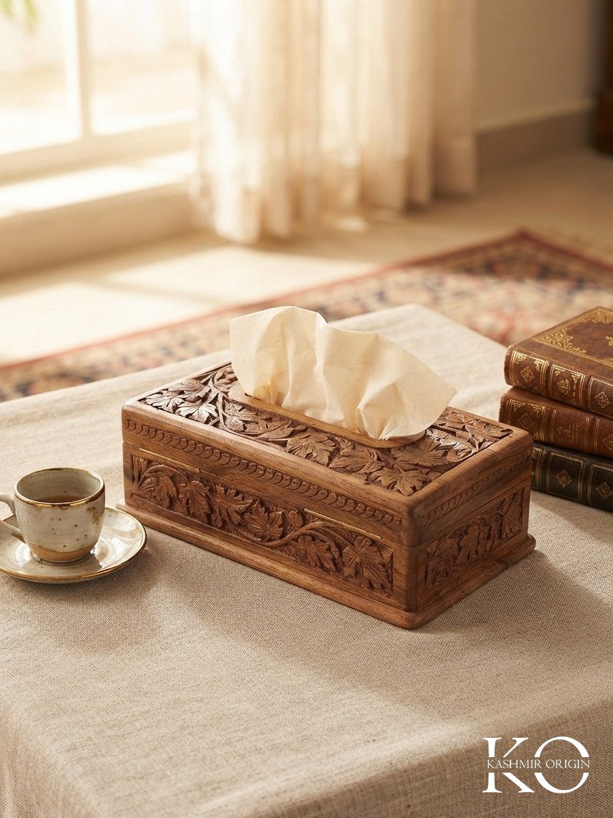 Kashmiri Hand Carved Walnut Wood Tissue Box Chinar Design | 9x16 Inches