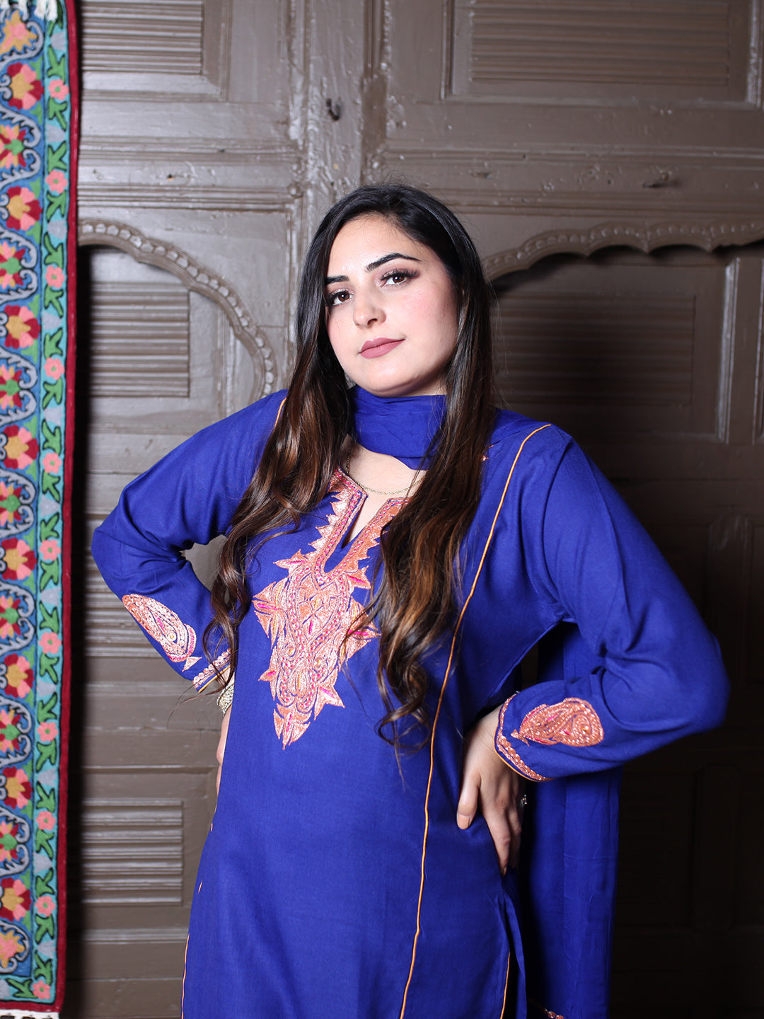 Royal Blue Tilla Embroidered Tradational Design Kashmiri Cotton 3-Piece Suit With Chiffon Dupatta