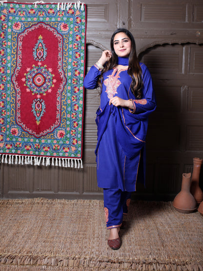 Royal Blue Tilla Embroidered Tradational Design Kashmiri Cotton 3-Piece Suit With Chiffon Dupatta