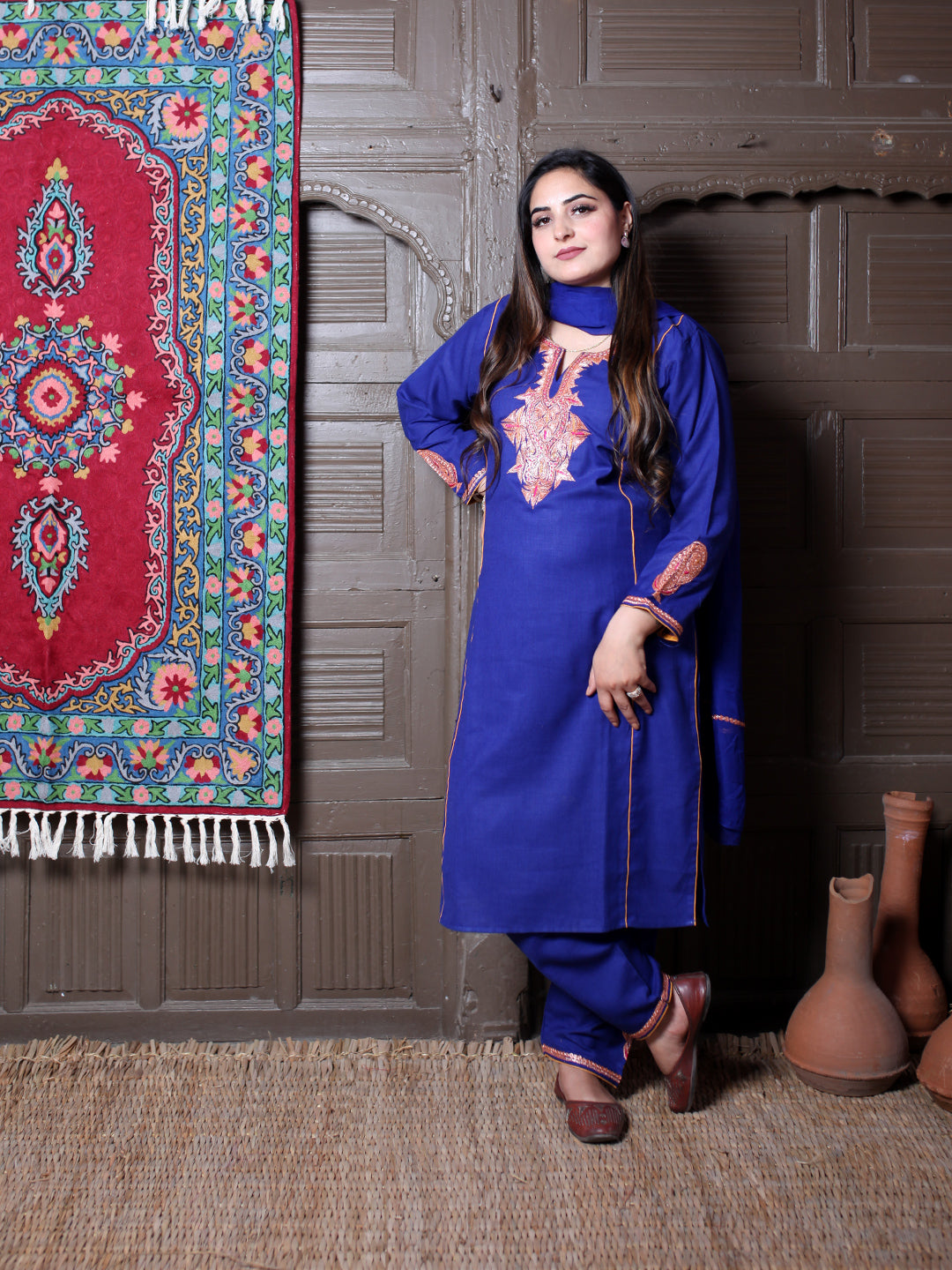 Royal Blue Tilla Embroidered Tradational Design Kashmiri Cotton 3-Piece Suit With Chiffon Dupatta