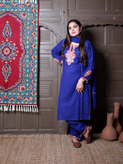Royal Blue Tilla Embroidered Tradational Design Kashmiri Cotton 3-Piece Suit With Chiffon Dupatta