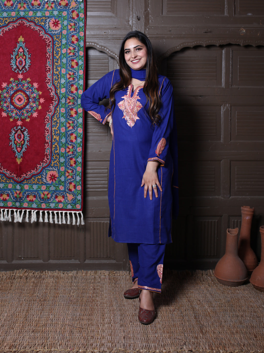 Royal Blue Tilla Embroidered Tradational Design Kashmiri Cotton 3-Piece Suit With Chiffon Dupatta