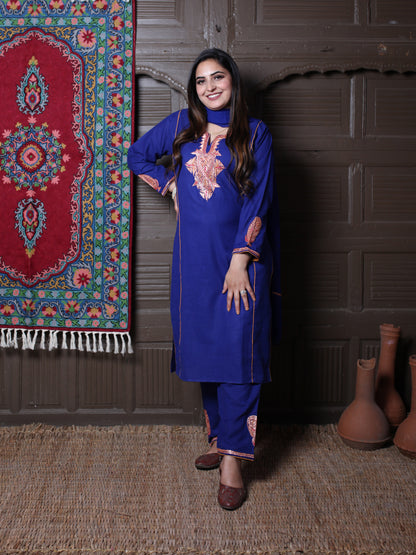 Royal Blue Tilla Embroidered Tradational Design Kashmiri Cotton 3-Piece Suit With Chiffon Dupatta