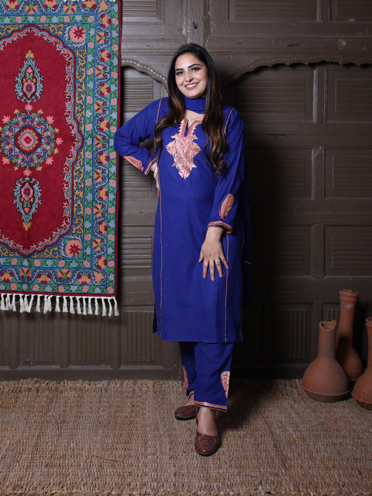 Royal Blue Tilla Embroidered Tradational Design Kashmiri Cotton 3-Piece Suit With Chiffon Dupatta