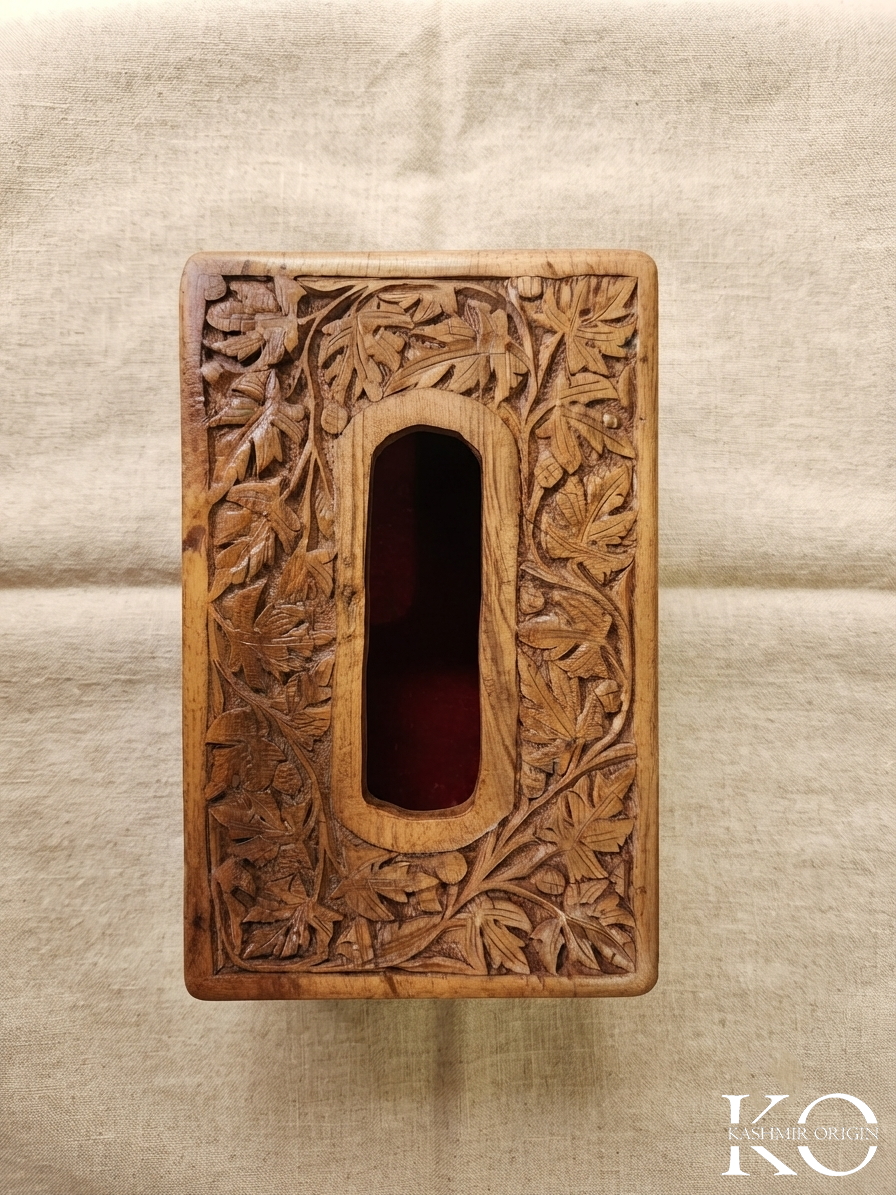 Kashmiri Hand Carved Walnut Wood Tissue Box Chinar Design | 9x16 Inches