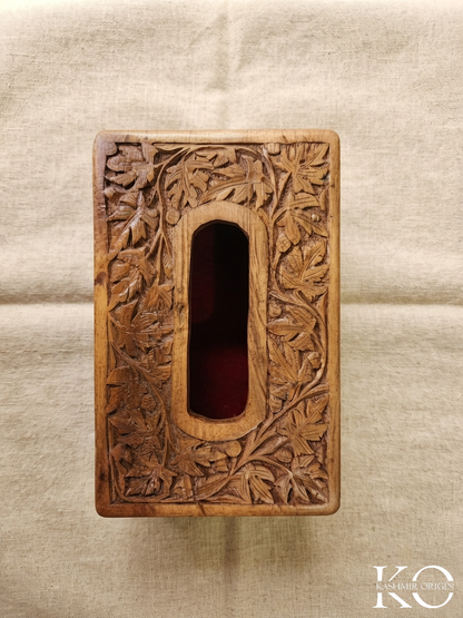 Kashmiri Hand Carved Walnut Wood Tissue Box Chinar Design | 9x16 Inches