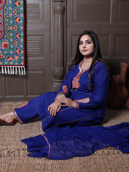 Royal Blue Tilla Embroidered Tradational Design Kashmiri Cotton 3-Piece Suit With Chiffon Dupatta