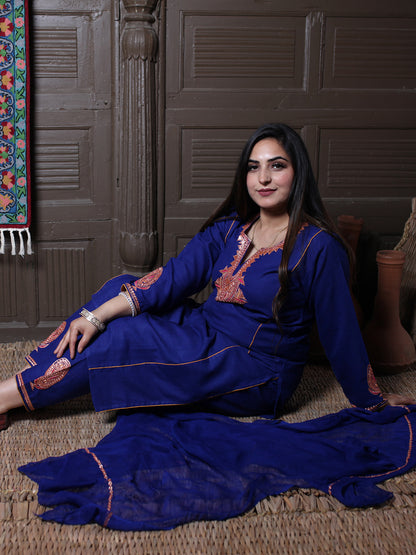 Royal Blue Tilla Embroidered Tradational Design Kashmiri Cotton 3-Piece Suit With Chiffon Dupatta