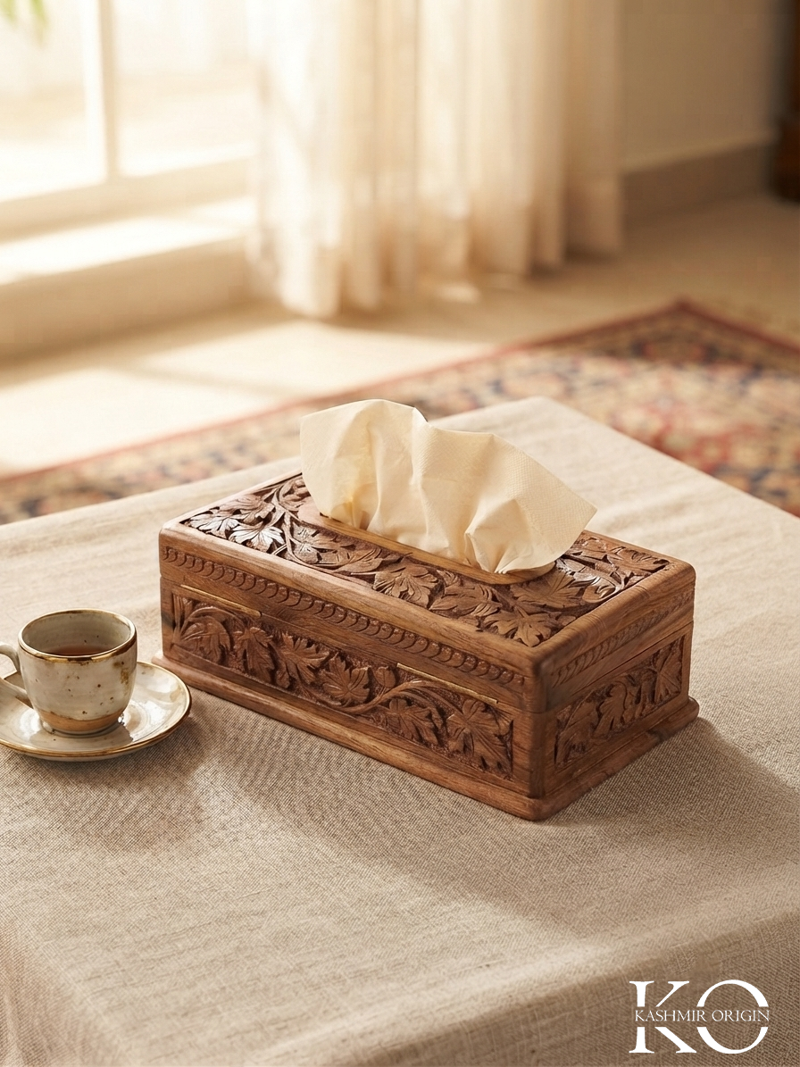 Kashmiri Hand Carved Walnut Wood Tissue Box Chinar Design | 9x16 Inches