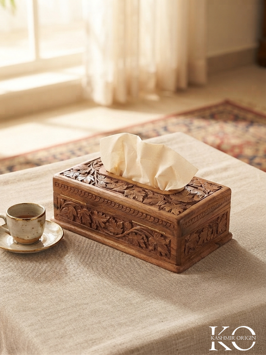 Kashmiri Hand Carved Walnut Wood Tissue Box Chinar Design | 9x16 Inches