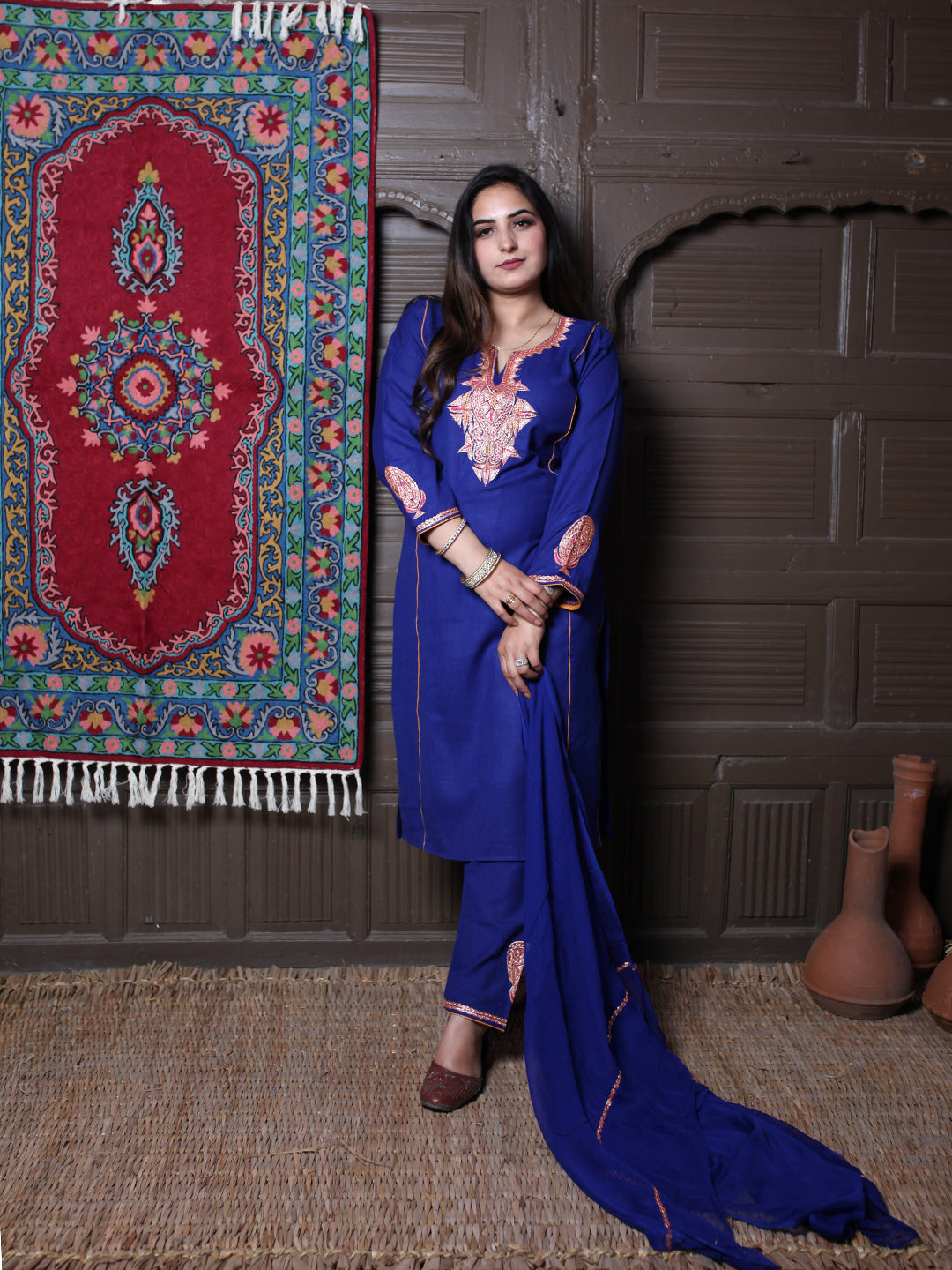 Royal Blue Tilla Embroidered Tradational Design Kashmiri Cotton 3-Piece Suit With Chiffon Dupatta