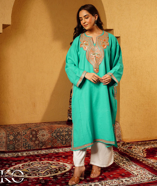 Aquamarine Green Tilla Embroidered Pure Woolen Kashmiri Pheran