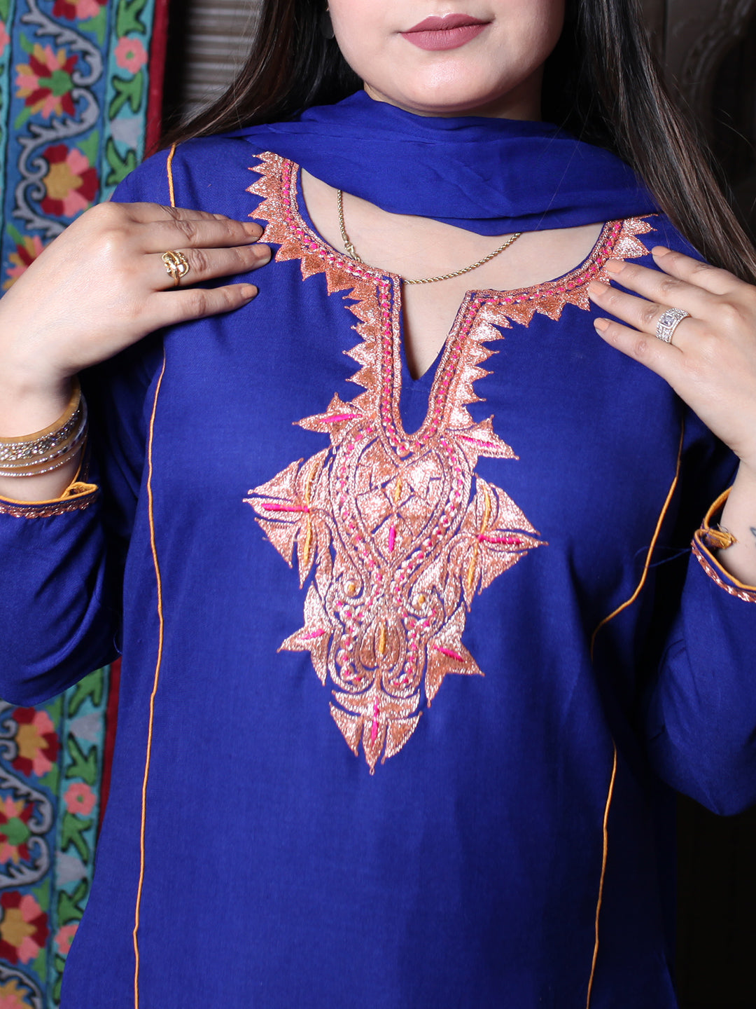 Royal Blue Tilla Embroidered Tradational Design Kashmiri Cotton 3-Piece Suit With Chiffon Dupatta
