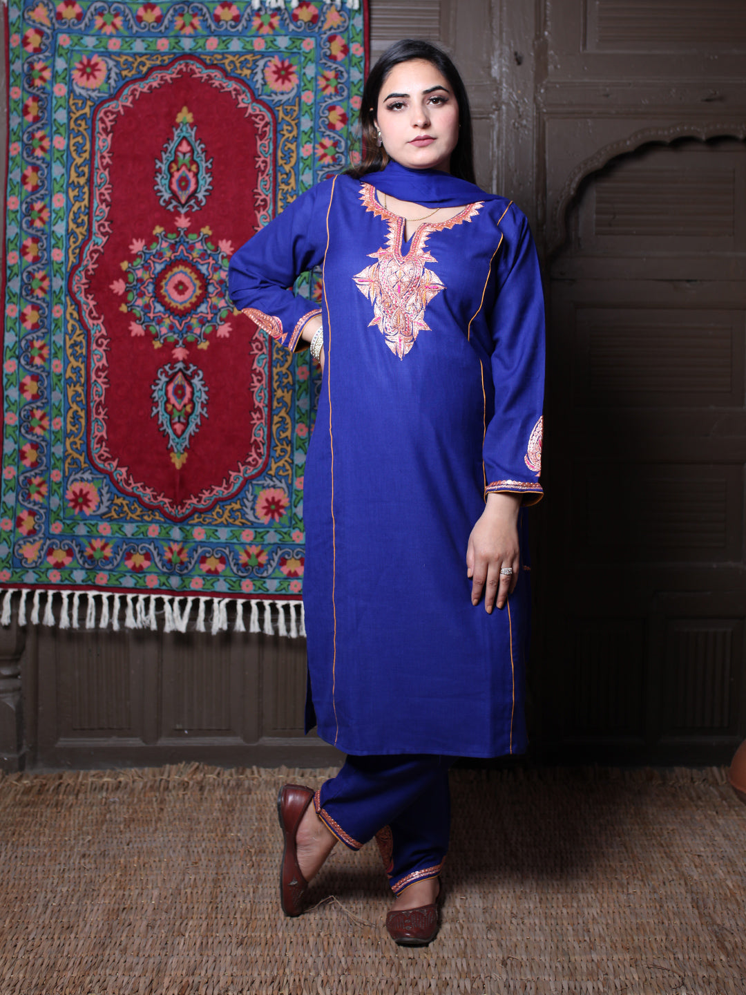 Royal Blue Tilla Embroidered Tradational Design Kashmiri Cotton 3-Piece Suit With Chiffon Dupatta