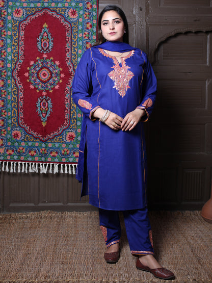 Royal Blue Tilla Embroidered Tradational Design Kashmiri Cotton 3-Piece Suit With Chiffon Dupatta