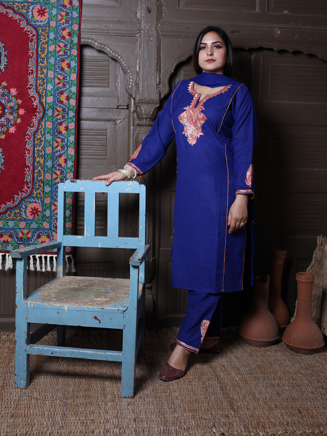 Royal Blue Tilla Embroidered Tradational Design Kashmiri Cotton 3-Piece Suit With Chiffon Dupatta