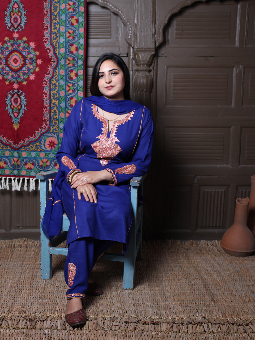Royal Blue Tilla Embroidered Tradational Design Kashmiri Cotton 3-Piece Suit With Chiffon Dupatta